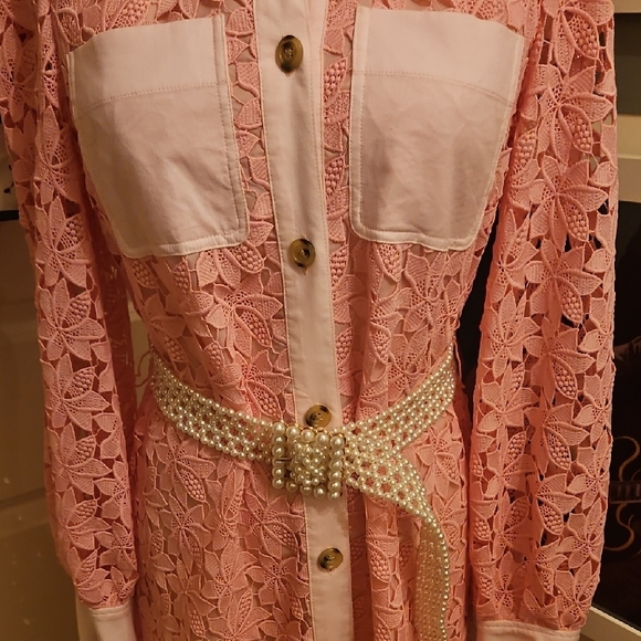 kate spade Pink Lace Long-Sleeve Shirt Dress with White Collar & Pockets - Picture 3 of 7